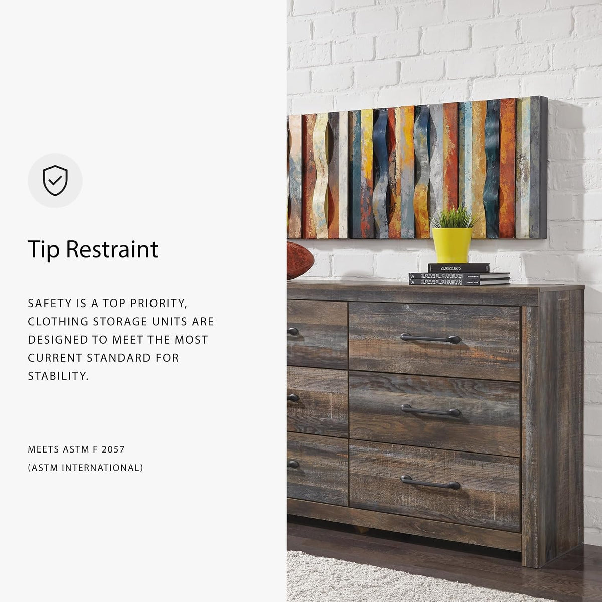 Signature Design by Ashley Rustic 6 Drawer Bedroom Dresser, Drystan | Faux linen drawer lining, Rustic brown finish with subtle teal accents, Sturdy 59-inch wide engineered wood frame
