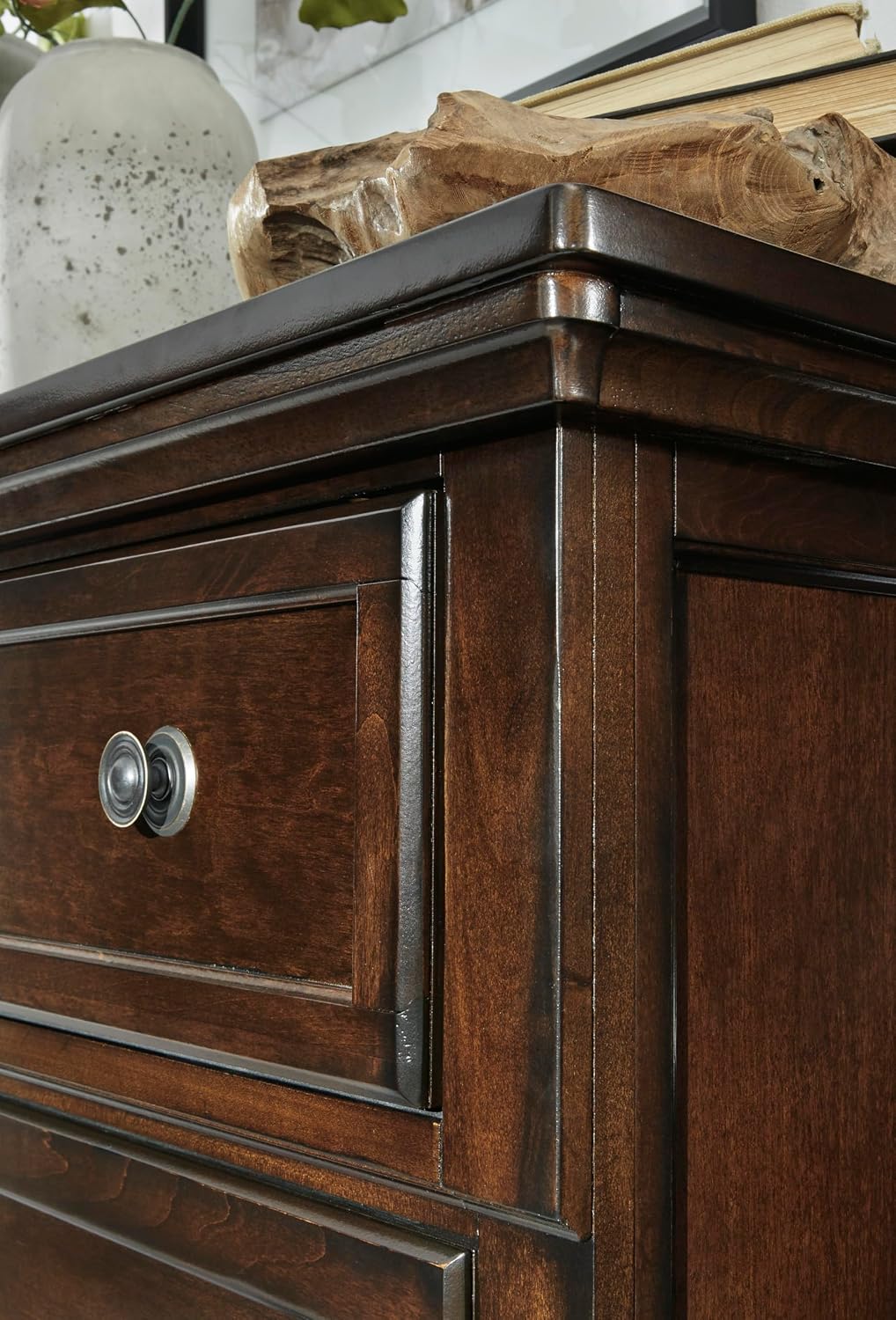 Signature Design by Ashley Porter Traditional Wood Nightstand, Brown | Veneers, wood and engineered wood, 2 smooth-operating drawers, Hidden pull-out tray, Felt bottom, Bun feet