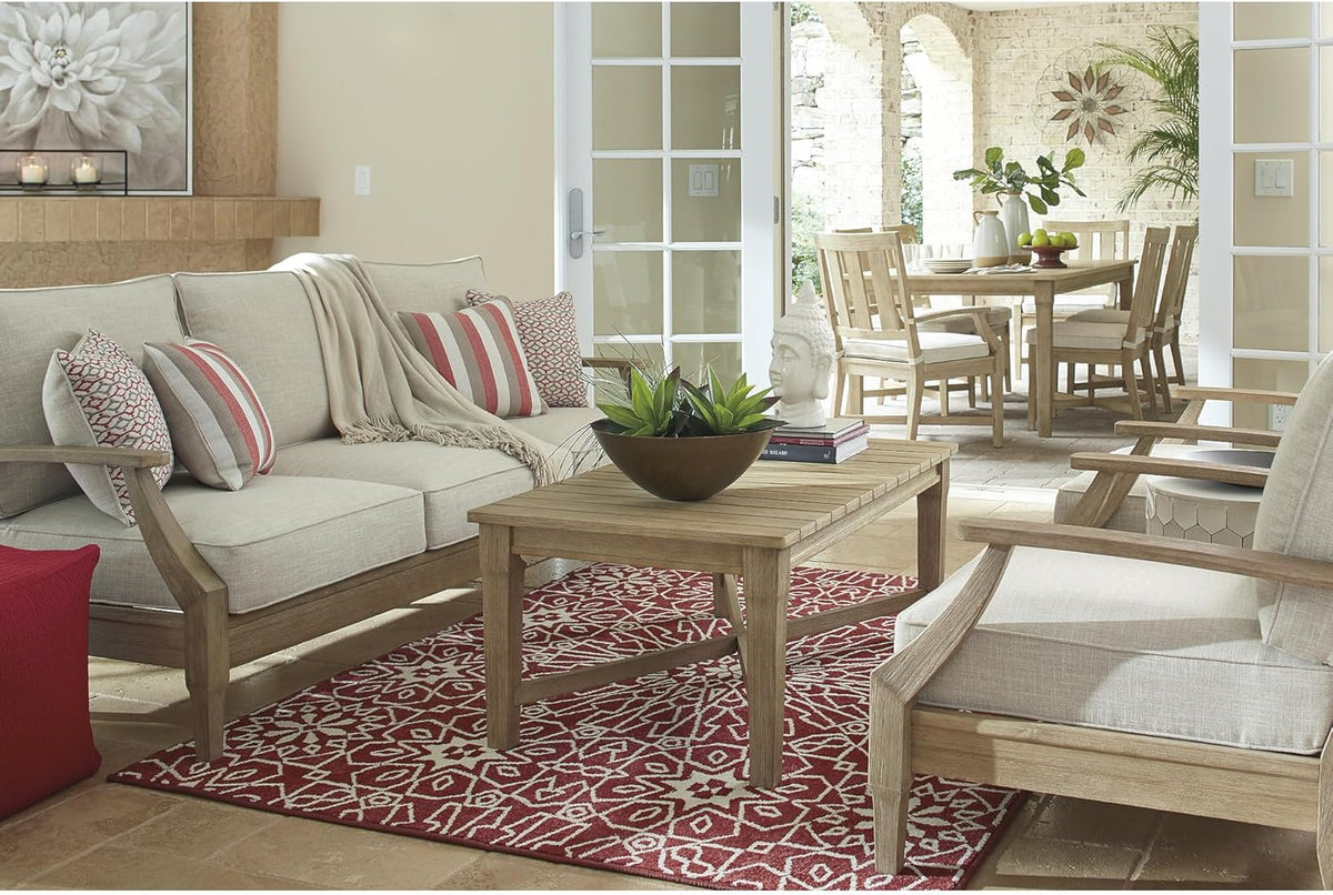 Signature Design by Ashley Clare View 1-Piece Eucalyptus Outdoor Sofa | Weather-shielded 5-step eucalyptus finish, Stain-resistant Nuvella fabric, Deep-seated 3-person frame with 4 accent pillows
