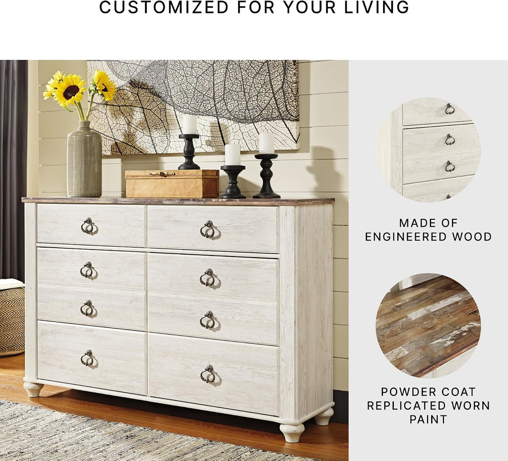 Signature Design by Ashley Willowton 6-Drawer Coastal Dresser, Whitewash | 6 drawer capacity, Coastal farmhouse style, Textured whitewash finish, Driftwood plank effect top, ASTM F 2057 compliant