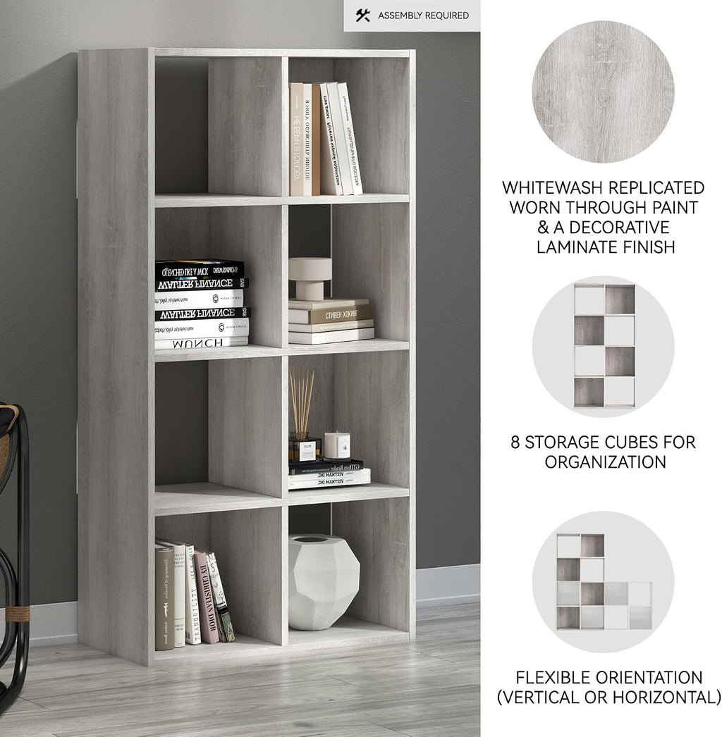 Signature Design by Ashley 8 Cube Storage Organizer Bookcase, Whitewash | Vertical or horizontal setup, Sturdy engineered wood (MDF/particleboard/plywood) and decorative laminate, Paxberry Series