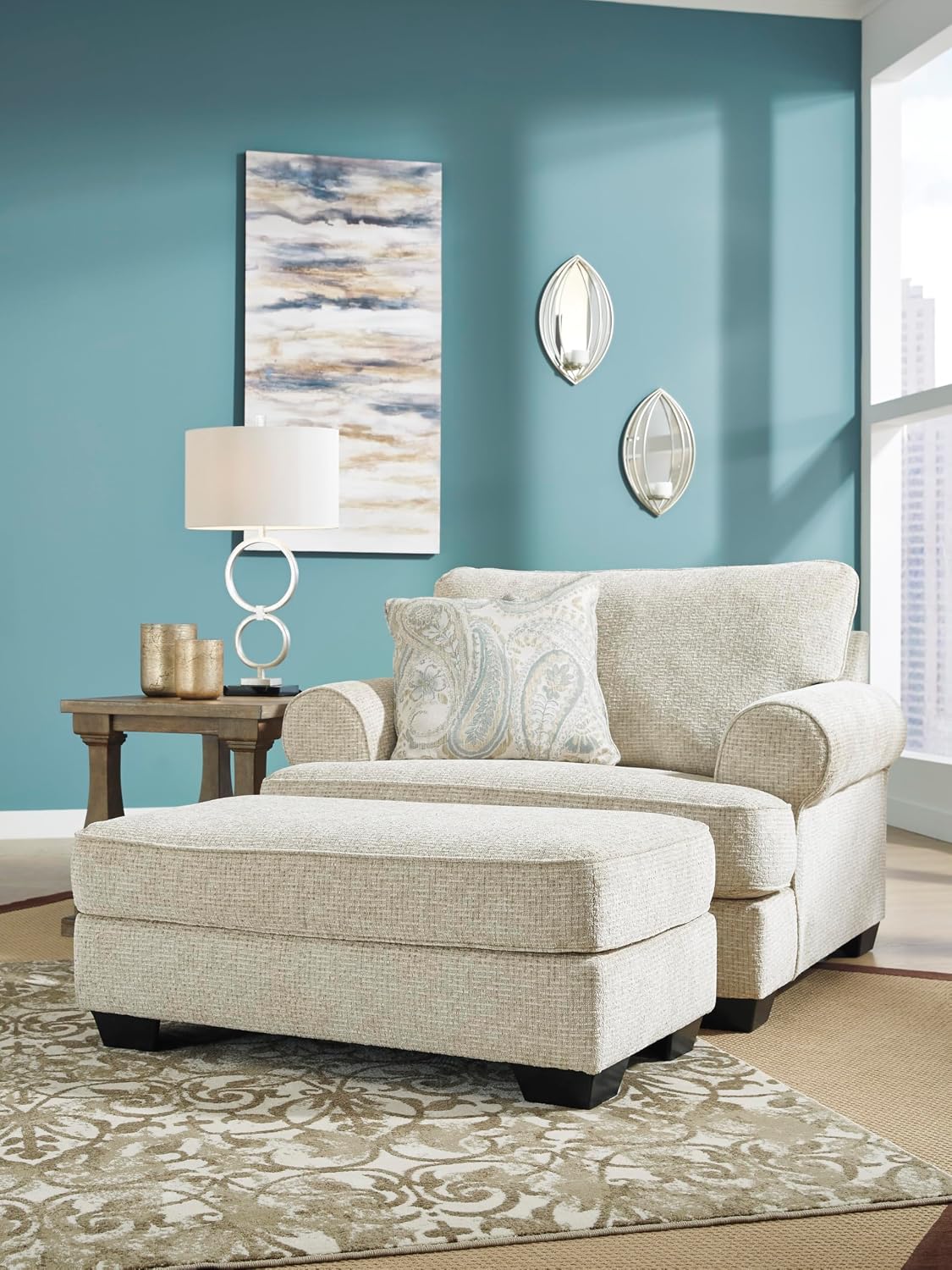 Signature Design by Ashley Rectangular Ottoman, Sandstone Beige | Firmly cushioned 100% polyester chenille fabric, Generous 44-inch scale for coffee table or lounge use, Monaghan Series