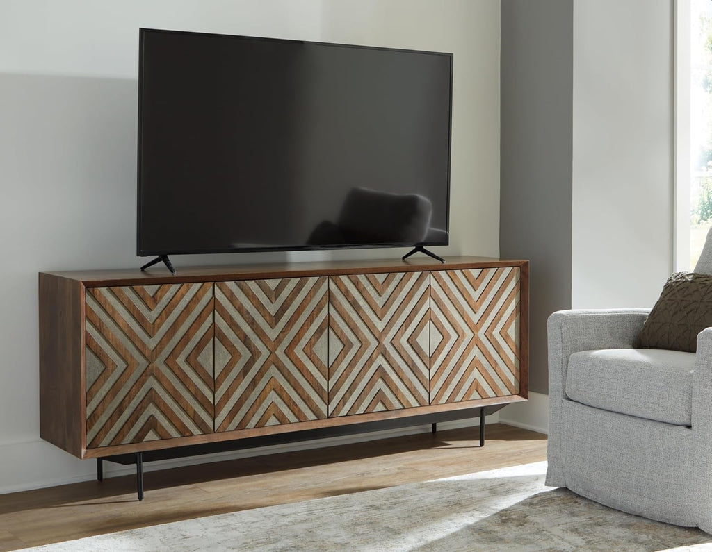 Signature Design by Ashley Dreggan Casual Diamond Patterned 4-Door Accent Cabinet with 2 Shelves and Cord Management, Dark Brown & Gray