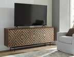 Signature Design by Ashley Dreggan Casual Diamond Patterned 4-Door Accent Cabinet with 2 Shelves and Cord Management, Dark Brown & Gray