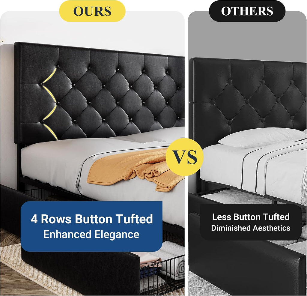 Allewie Queen Size Storage Bed Frame with 4 Underbed Drawers, Upholstered Platform Bed with Adjustable Headboard, Diamond Button Tufted, Easy Assembly, Noise-Free, No Box Spring Needed, Black