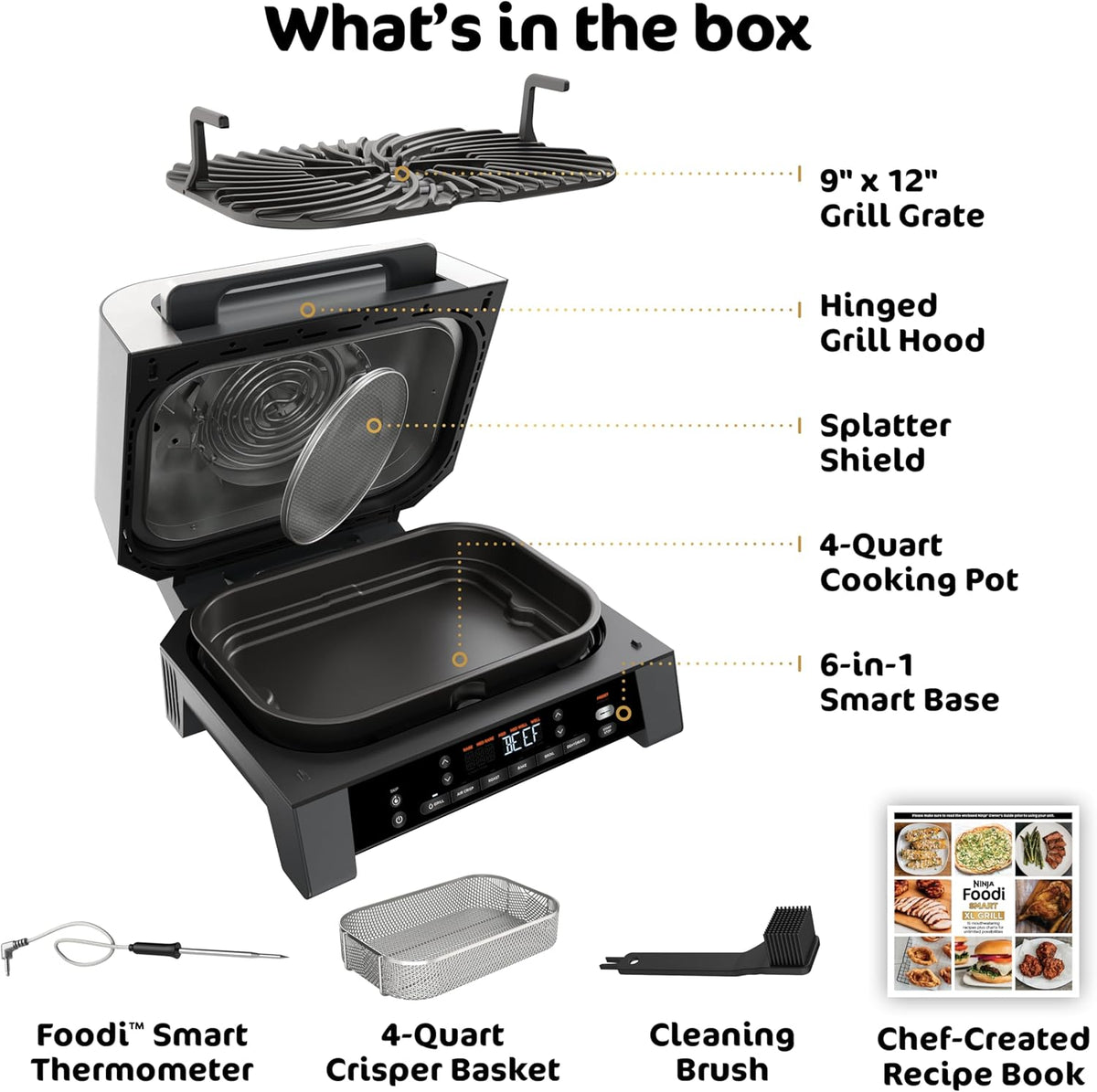 Ninja® Foodi® Smart XL 6-in-1 Indoor Grill & Air Fryer, Black/Silver, DG551 | Smart Cook System & Foodi Smart Thermometer, XL capacity, perfect doneness, rare to well done. 6-in-1: Grill, Air Fry & more.