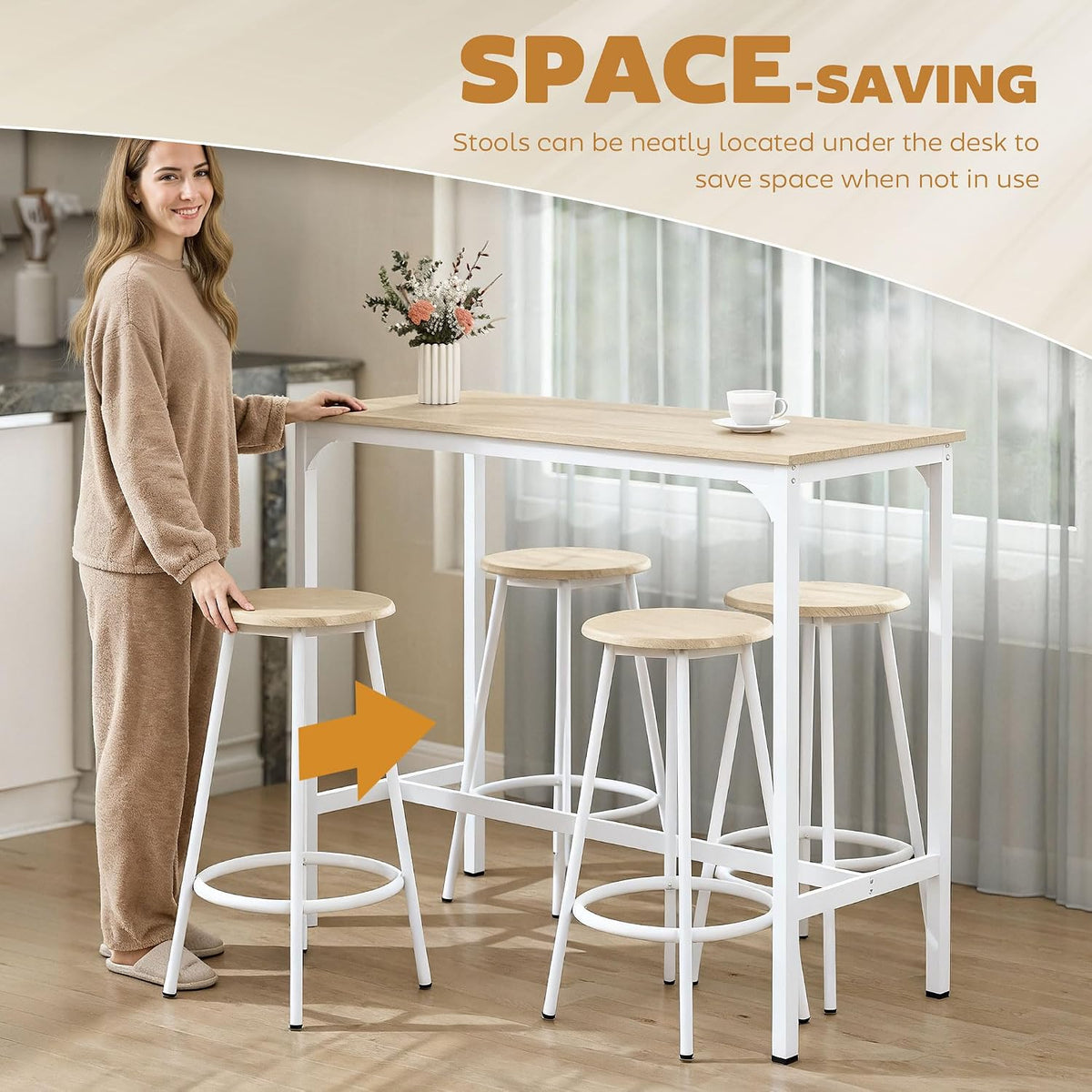 HOMCOM Breakfast 5 Piece Bar Table Set for 4 with Stools, Natural Wood