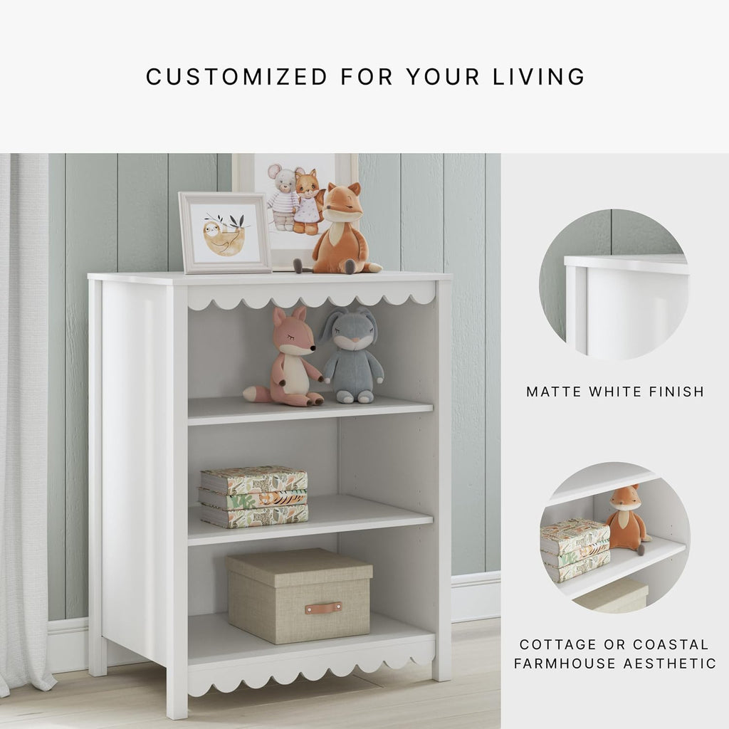 Signature Design by Ashley 3-Tier Scalloped Bookshelf, Matte White Bookcase | Deep 20-inch profile for oversized bins, Durable engineered wood frame with 2 adjustable shelves, Hallityn Series