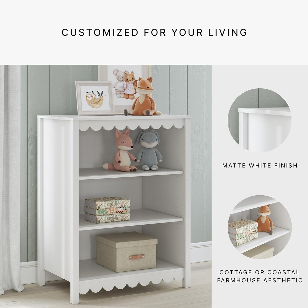 Signature Design by Ashley 3-Tier Scalloped Bookshelf, Matte White Bookcase | Deep 20-inch profile for oversized bins, Durable engineered wood frame with 2 adjustable shelves, Hallityn Series