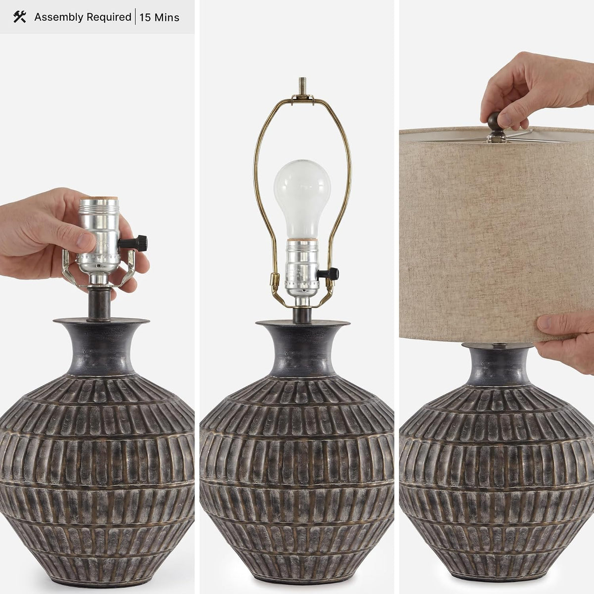 Signature Design by Ashley Magan Metal Table Lamp, 28", Antique Bronze | Antique bronze-tone metal base, Textured pattern, Fabric modified drum shade, Living room or entryway use, 3-way switch