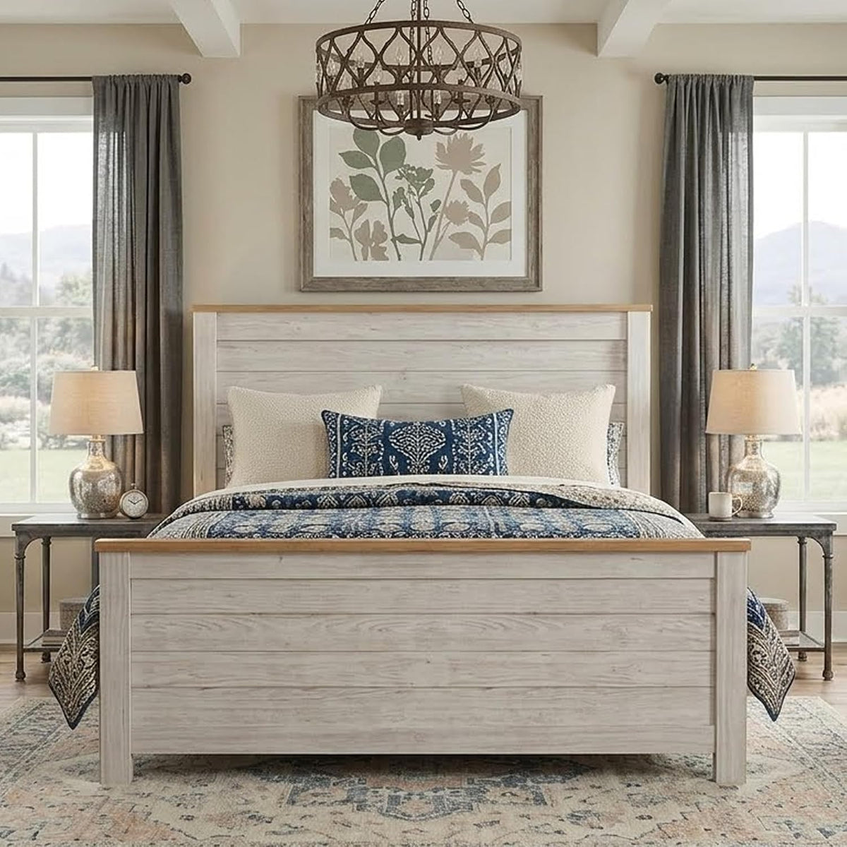Signature Design by Ashley Willowton Queen Panel Bed Frame, Whitewash | Charming coastal shabby-chic aesthetic, Durable engineered wood construction, Complete headboard footboard and rails
