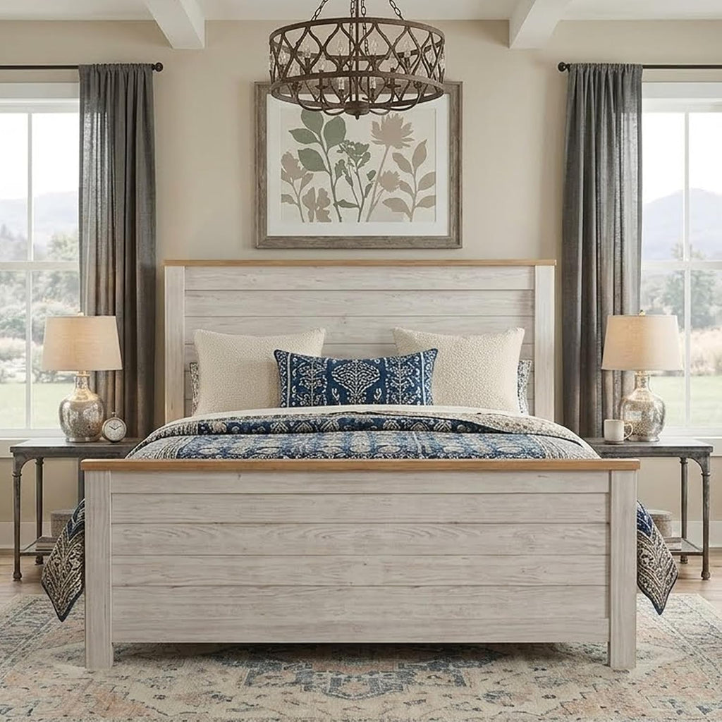 Signature Design by Ashley Willowton Queen Panel Bed Frame, Whitewash | Charming coastal shabby-chic aesthetic, Durable engineered wood construction, Complete headboard footboard and rails
