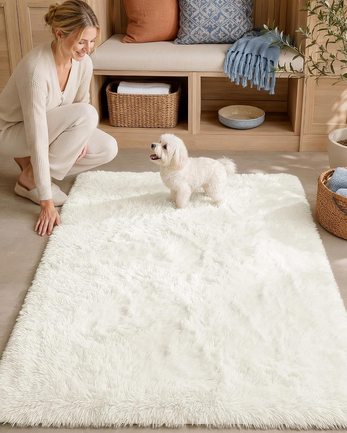 OLANLY Beige Round Rugs for Bedroom - Machine Washable, 4 ft Circle Area Rugs for Living Room, Soft and Fluffy Shaggy Carpet for Teen Girls and Boys, Nursery Rooms, Dorms, Home Decor Aesthetic