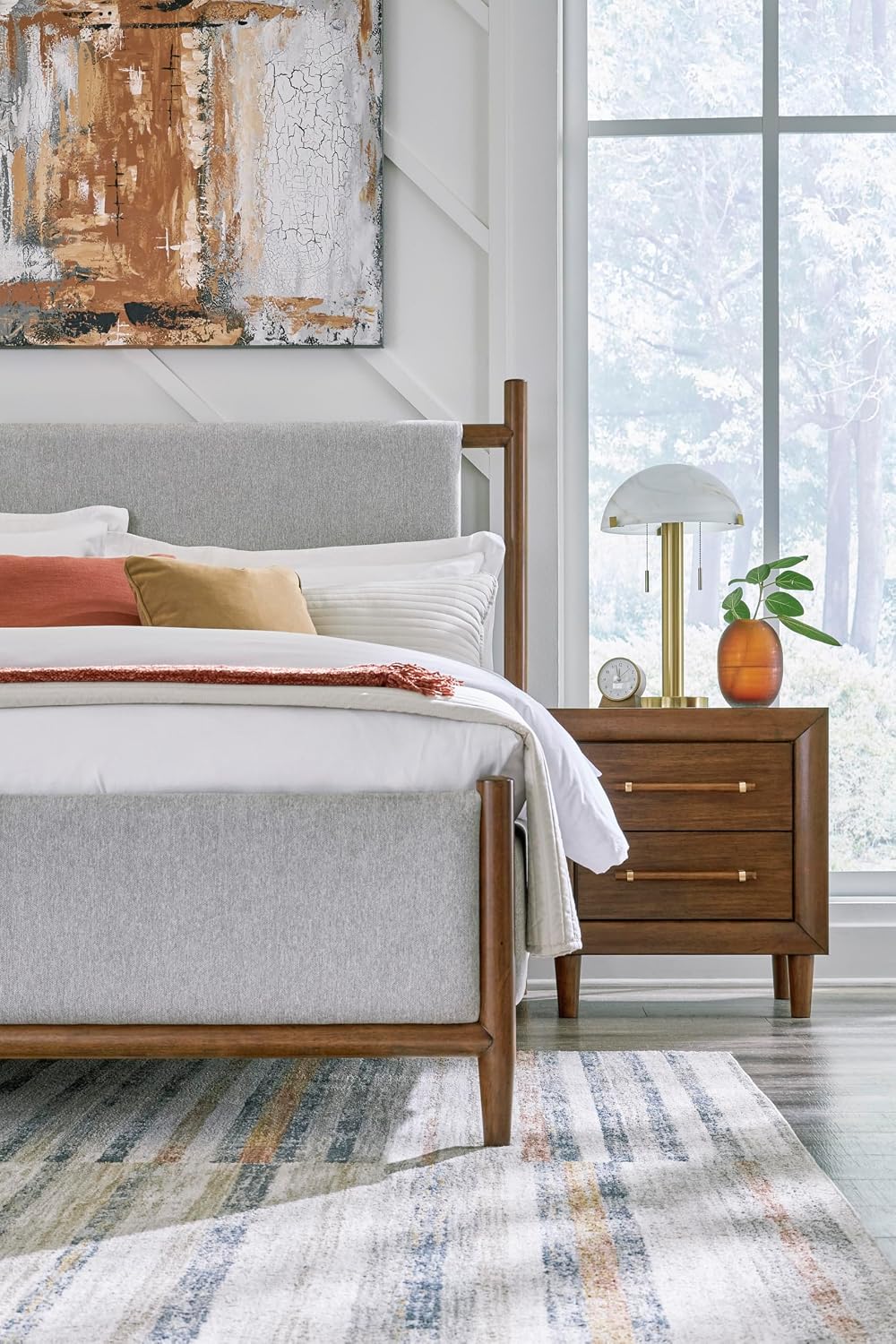 Signature Design by Ashley Lyncott Wood Nightstand with Charging Station | Mid-century mango wood veneer, 2 dovetail drawers, Built-in USB-A and USB-C charging, Round tapered legs