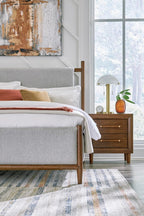 Signature Design by Ashley Lyncott Wood Nightstand with Charging Station | Mid-century mango wood veneer, 2 dovetail drawers, Built-in USB-A and USB-C charging, Round tapered legs