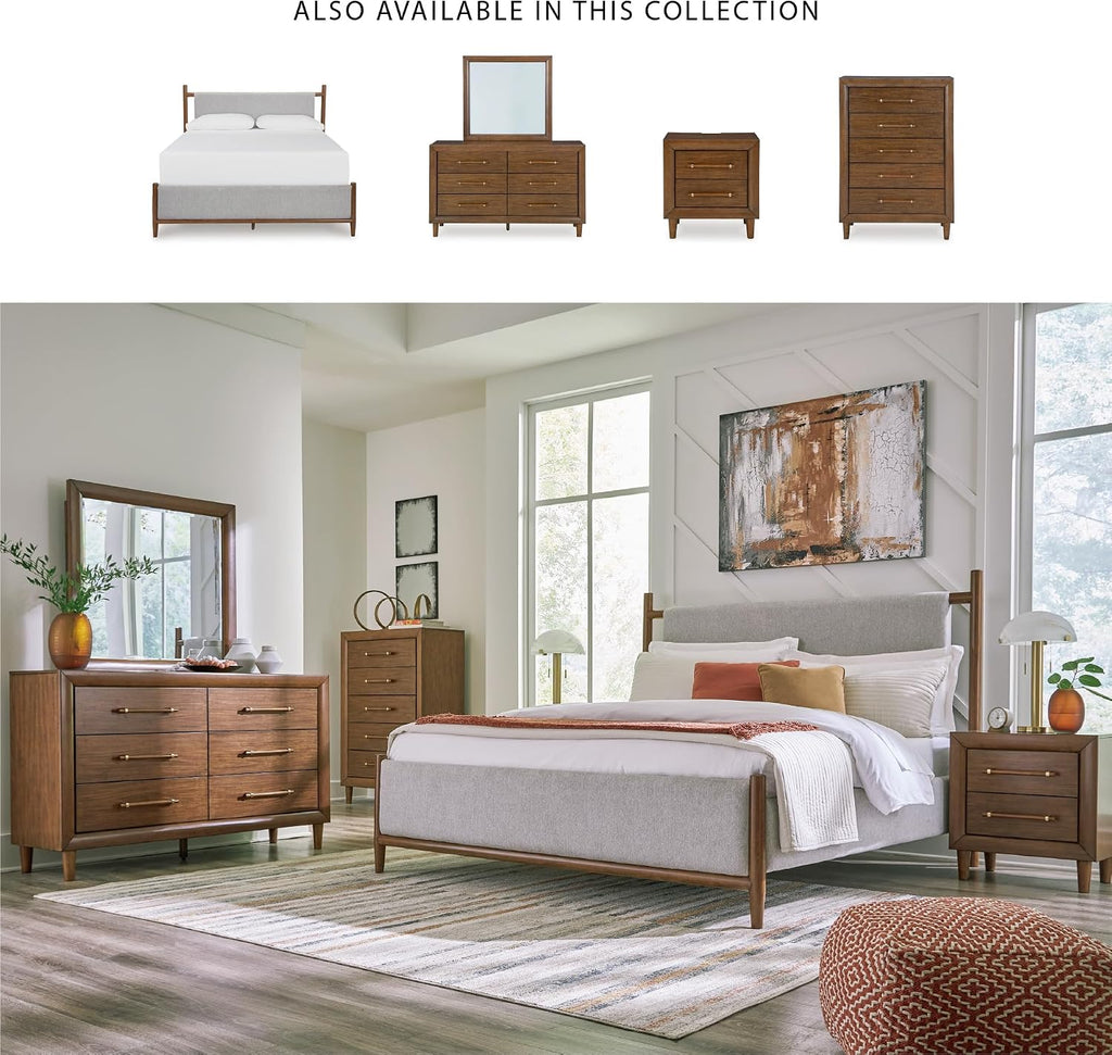 Signature Design by Ashley Lyncott Wood Nightstand with Charging Station | Mid-century mango wood veneer, 2 dovetail drawers, Built-in USB-A and USB-C charging, Round tapered legs