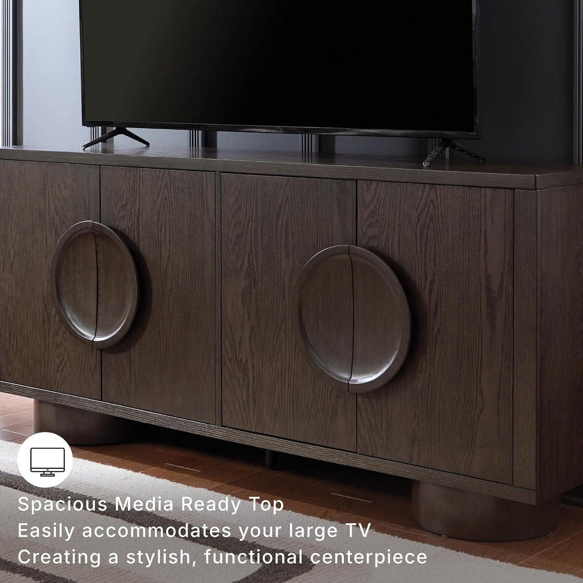 Signature Design by Ashley Accent Cabinet, 72" Dark Brown Credenza, Veeda | Premium oak veneer construction, 72-inch TV stand, Media console with cord management, Contemporary 4-door sideboard