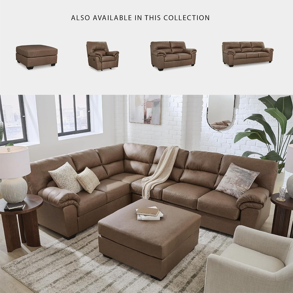Signature Design by Ashley Caramel Faux Leather Sofa, No Assembly Required | Anti-sag platform deck, Caramel 98% polyester and 2% PU blend, Contemporary 3-seater design, Walker Point Series