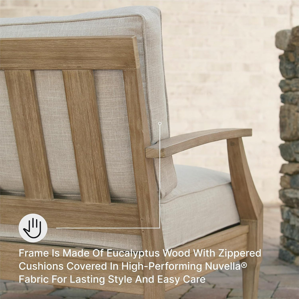 Signature Design by Ashley Clare View 1-Piece Outdoor Lounge Chair, Beige | Eucalyptus wood frame, 5-step protective coating, Nuvella performance fabric, Zippered foam core, 30x35x32 inches