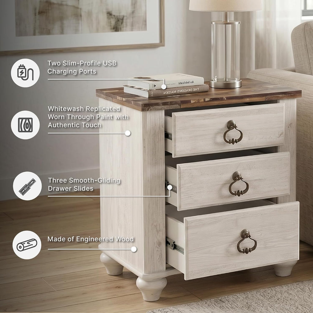 Signature Design by Ashley Willowton 2 Drawer Nightstand, Whitewash | Engineered wood construction, Whitewash finish, Dual USB charging ports, Smooth-gliding drawers, Tall nightstand