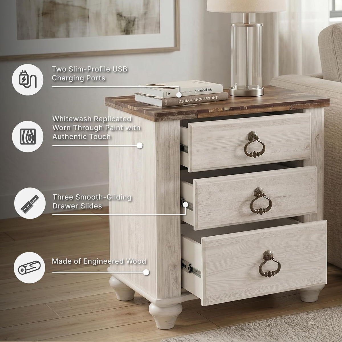 Signature Design by Ashley Willowton 2 Drawer Nightstand, Whitewash | Engineered wood construction, Whitewash finish, Dual USB charging ports, Smooth-gliding drawers, Tall nightstand