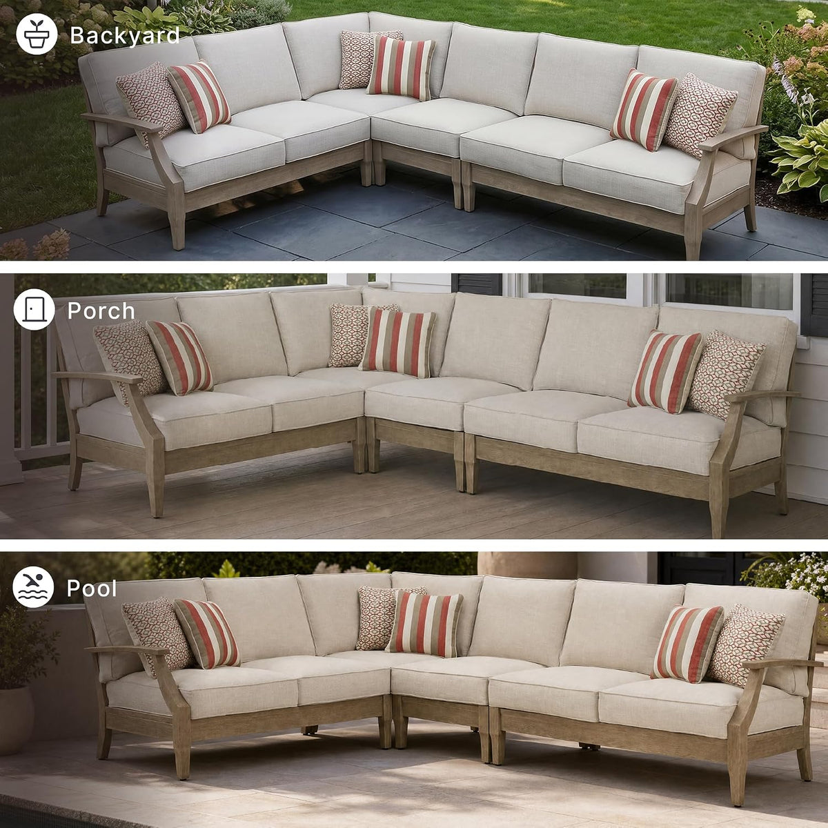 Signature Design by Ashley 4-Piece L-Shape Outdoor Sectional, Wood, Beige | Wood patio furniture set, Eucalyptus frame, Solution-dyed Nuvella fabric, All-weather foam cushions, Clare View Series