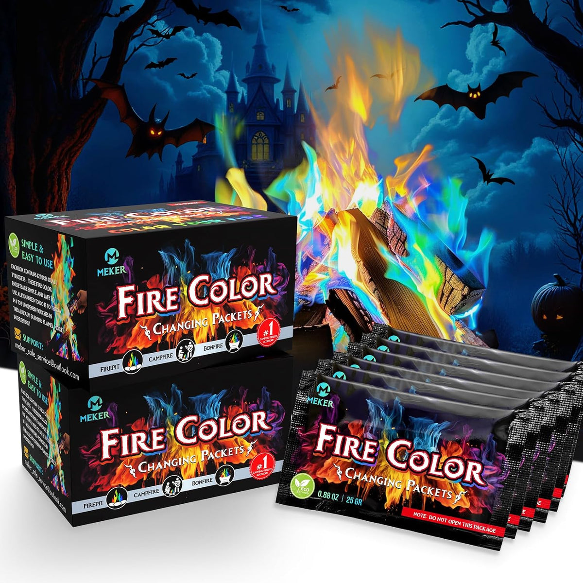 MEKER Fire Color Changing Packets - Fire Pit, Campfires, Outdoor Fireplaces, Bonfire - Magic Colorful Changing Fire - Perfect Fire Camping Accessories for Kids & Adults (12 Pack)
