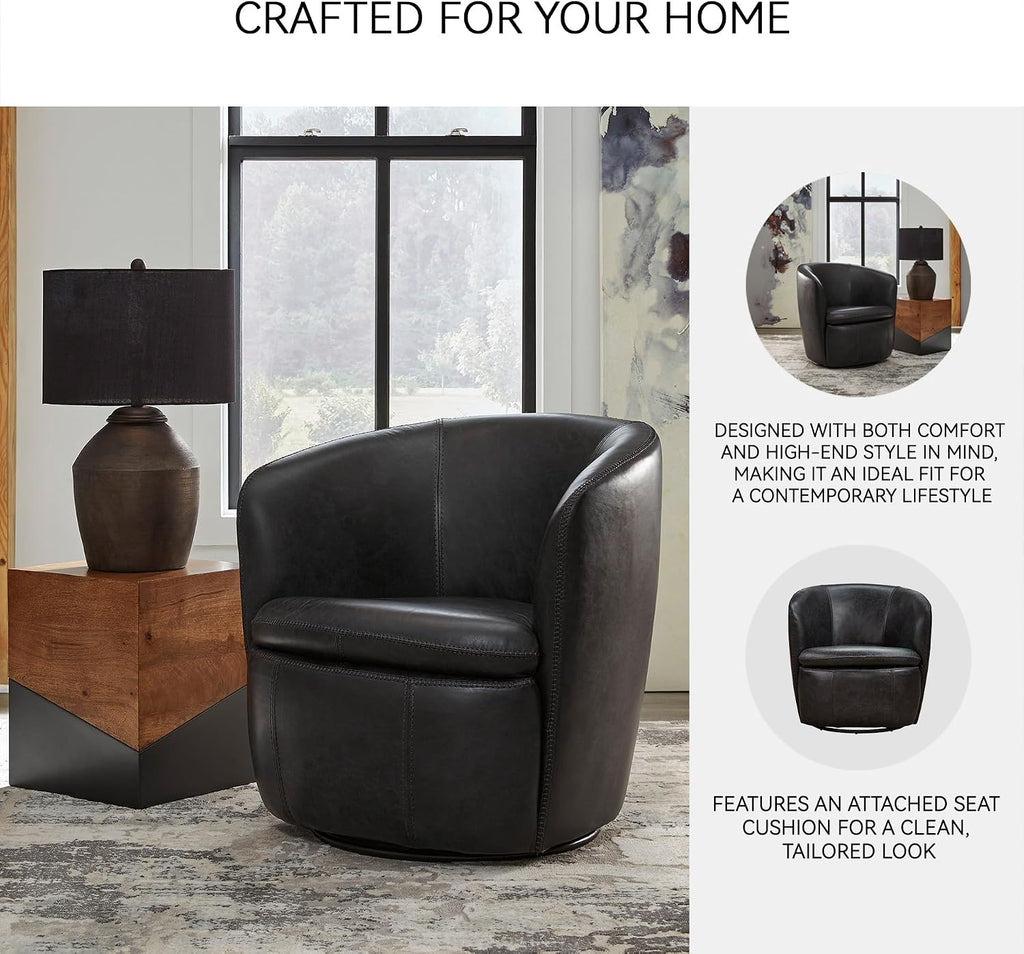 Signature Design by Ashley Leather Swivel Accent Chair, Midnight | 100% top grain leather, Swivel barrel chair, No assembly required, Sloped arms, Sturdy metal frame, Kierreys Series