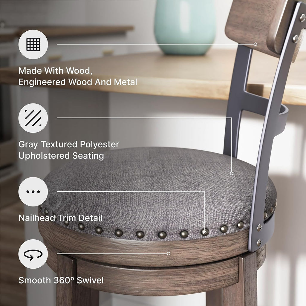 Signature Design by Ashley Caitbrook Swivel 30" Bar Height Bar Stool, Gray | Plush foam-cushioned seat, Elegant nailhead trim, Sturdy solid wood frame, 30.5-inch height for 40-42 inch bars