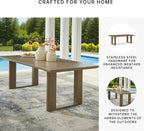Signature Design by Ashley Serene Bay 6-Person Outdoor Dining Table | 84-inch rectangular patio dining table with wood-look finish, Rust-resistant aluminum frame, Built-in umbrella hole