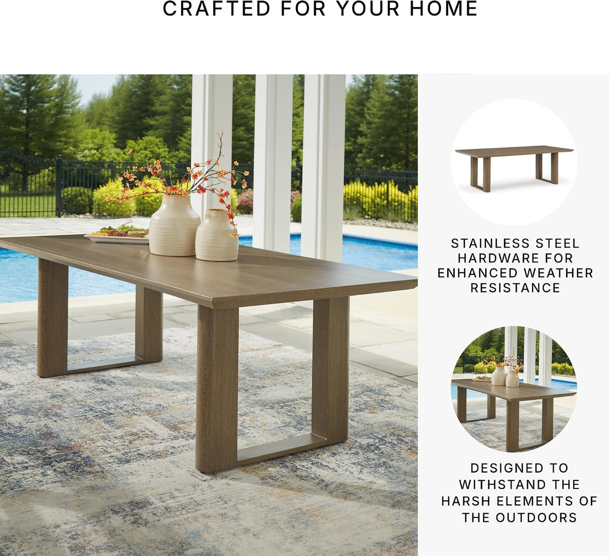 Signature Design by Ashley Serene Bay 6-Person Outdoor Dining Table | 84-inch rectangular patio dining table with wood-look finish, Rust-resistant aluminum frame, Built-in umbrella hole