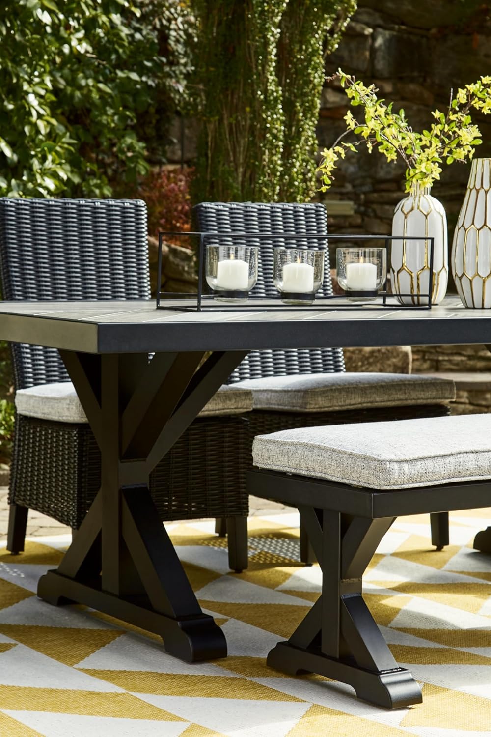 Signature Design by Ashley Beachcroft Outdoor Dining Table, Rust-Resistant Farmhouse Design with Porcelain Tabletop and Umbrella Hole, for Patio Entertaining, Black/Light Gray, 84-Inch
