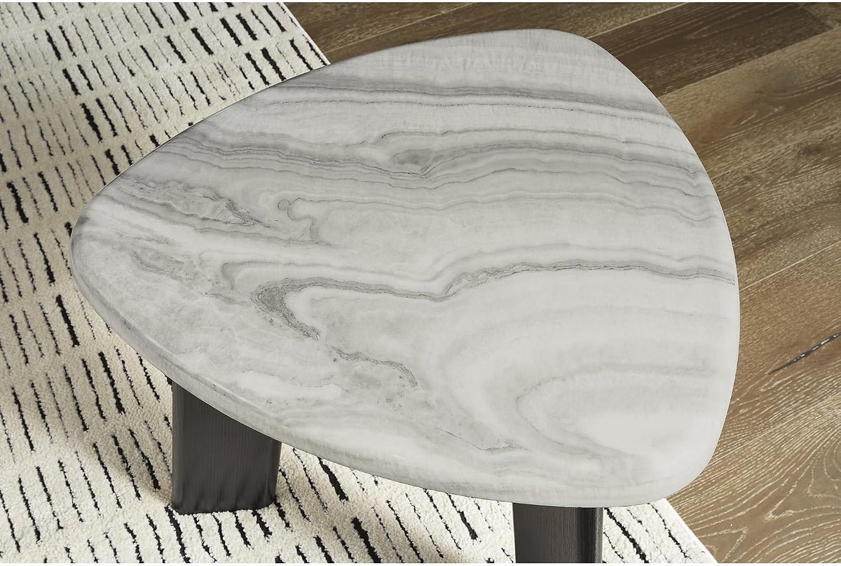 Signature Design by Ashley Lilyberg 3 Piece Coffee Table Set, Black Legs | Engineered wood and decorative laminate, Replicated Carrara marble top, Triangular modern coffee table set, Living room use
