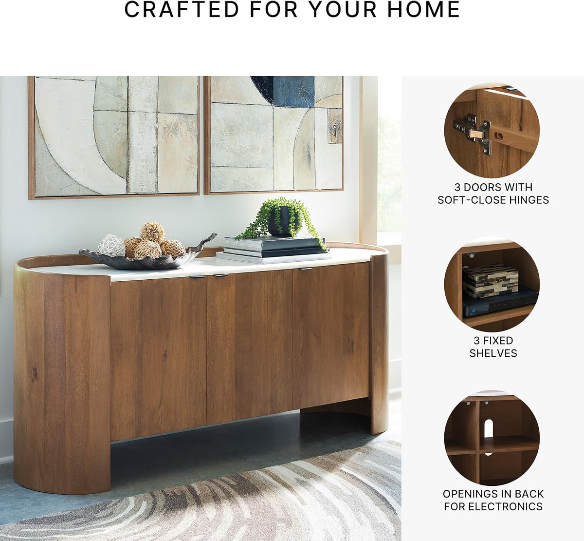 Signature Design by Ashley Modern Accent Cabinet, 66 in Credenza, Fitzroy | Solid mango wood sideboard, Mostly pre-assembled, 3 soft-close doors, Built-in cord management, Natural wood finish