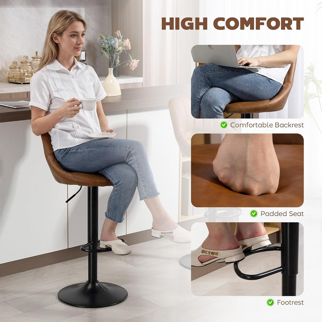 HOMCOM Bar Stools Set of 2 Swivel Adjustable Height with Footrest Brown