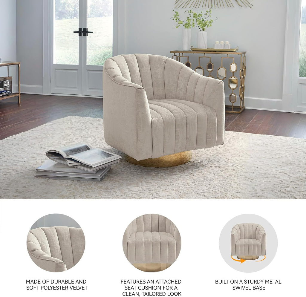 Signature Design by Ashley Swivel Barrel Accent Chair, Pearl, Penzlin | Textured velvet barrel chair with brass-tone metal pedestal base, Cozy lounge seating for reading nooks
