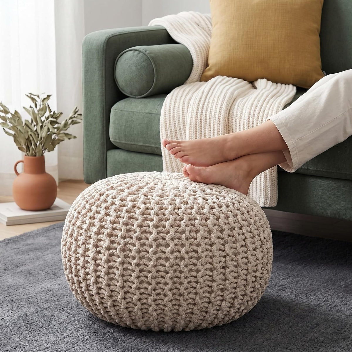 · REDEARTH · Round Pouf Ottoman - Hand Knitted Boho Poof Footrest - Ivory