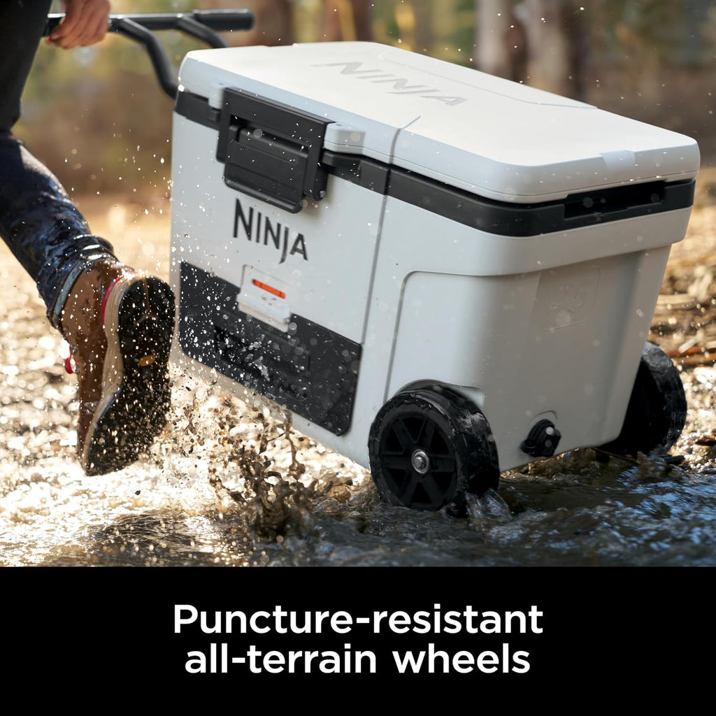Ninja FrostVault™ 45qt Cooler with Wheels, Dry Storage Drawer, White | Ninja FrostVault's 45-qt capacity holds 68 cans, keeps food cool & dry, and rolls easily on all-terrain wheels