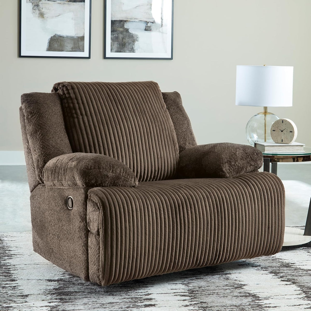 Signature Design by Ashley Top Tier Rocker Recliner Chair, Oversized Wide Seat, Cozy Corduroy Velvet Polyester Upholstery, Manual Pull Tab Lounge Chair for Living Room, No Assembly Required, Chocolate