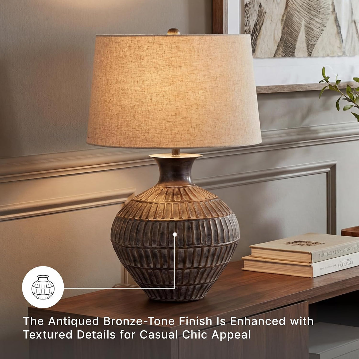Signature Design by Ashley Magan Metal Table Lamp, 28", Antique Bronze | Antique bronze-tone metal base, Textured pattern, Fabric modified drum shade, Living room or entryway use, 3-way switch