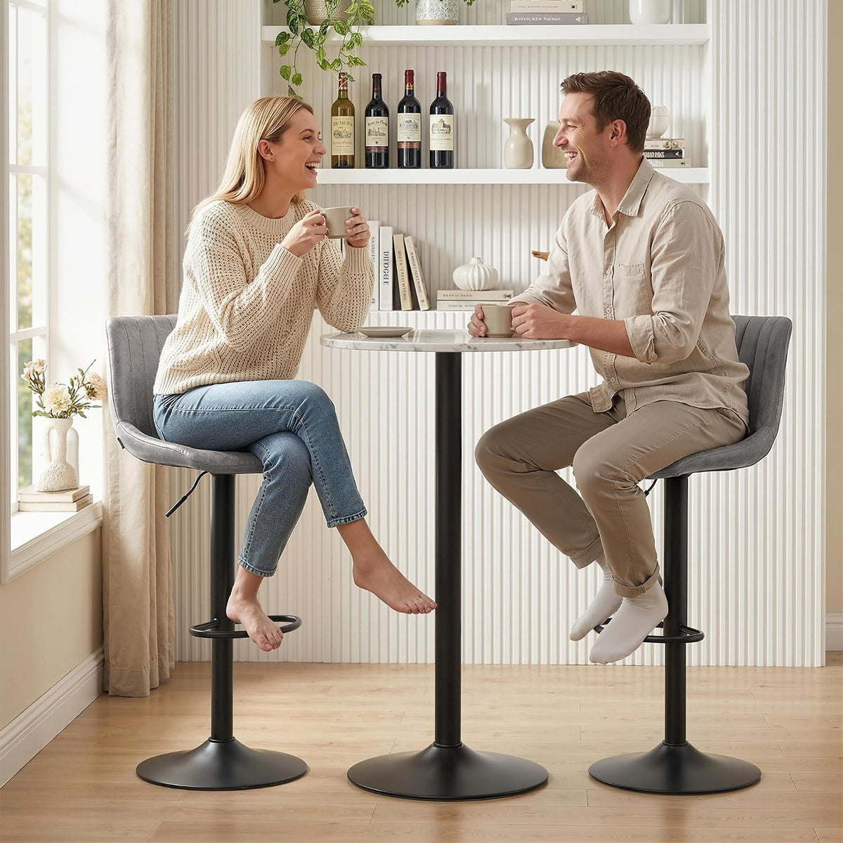 HOMCOM Bar Stools Set of 2, Height Adjustable, Leathaire, Grey