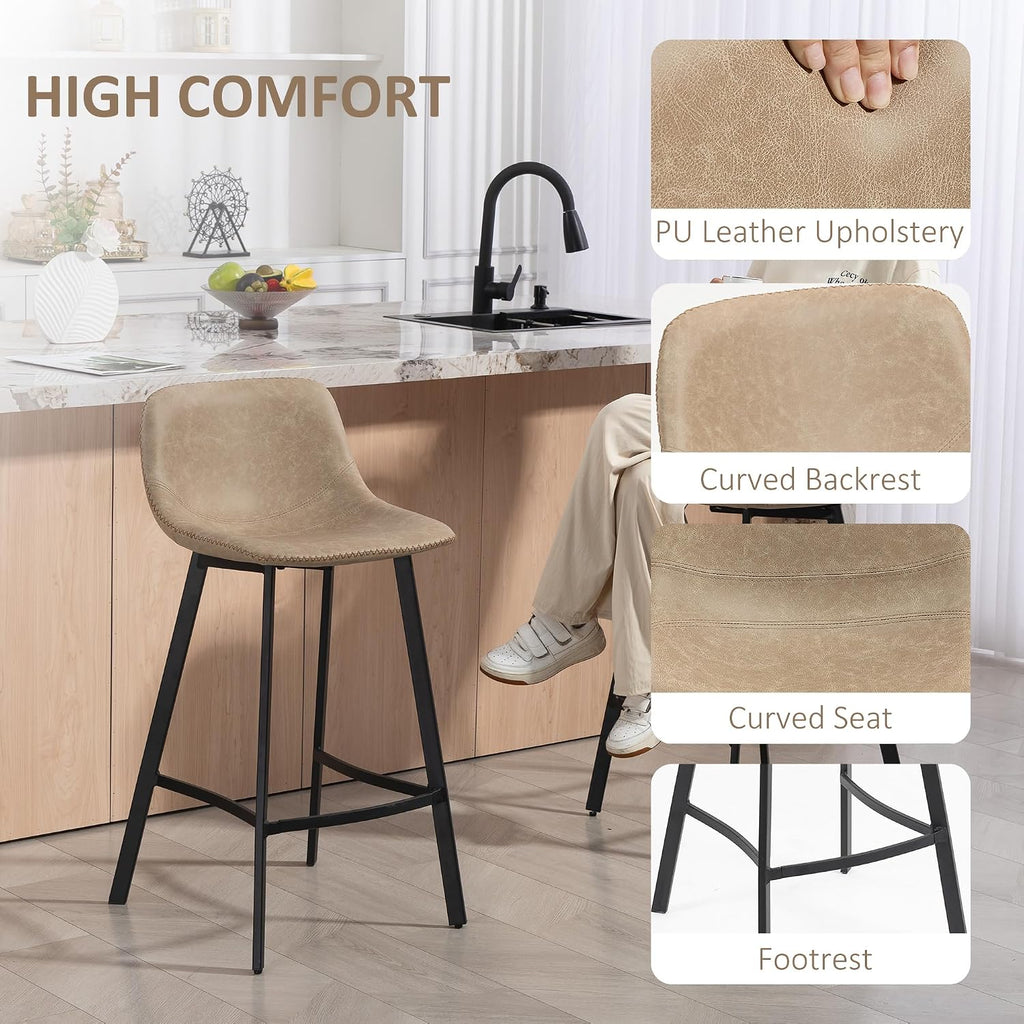 HOMCOM Bar Stools Set of 2 PU Leather Upholstery with Backrest Light Brown