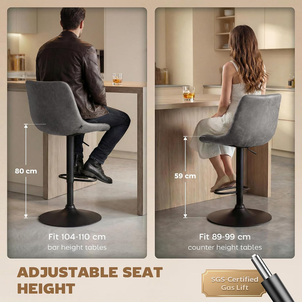 HOMCOM Bar Stools Set of 2, Height Adjustable, Leathaire, Grey