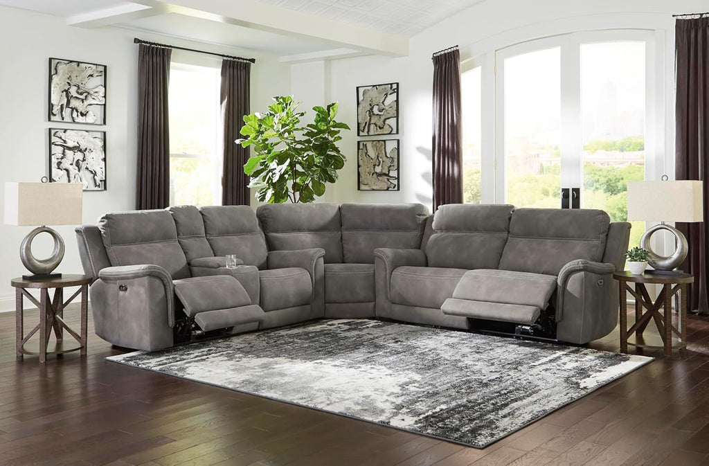 Signature Design by Ashley Power Reclining Loveseat Sofa with Console | Faux leather look, 15-minute assembly, Water-resistant DuraPella fabric, Zero-gravity reclining, Adjustable headrest