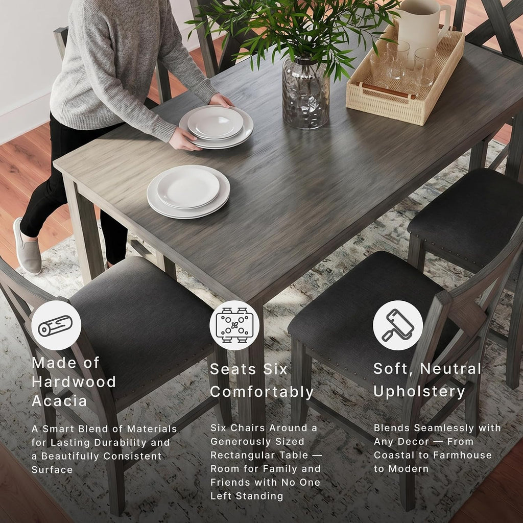 Signature Design by Ashley Caitbrook Counter Height Dining Table Set for 6 | Hardwood solids, Acacia veneer and MDF substrate table, 6 upholstered space-saving stools, Antiqued gray wash finish