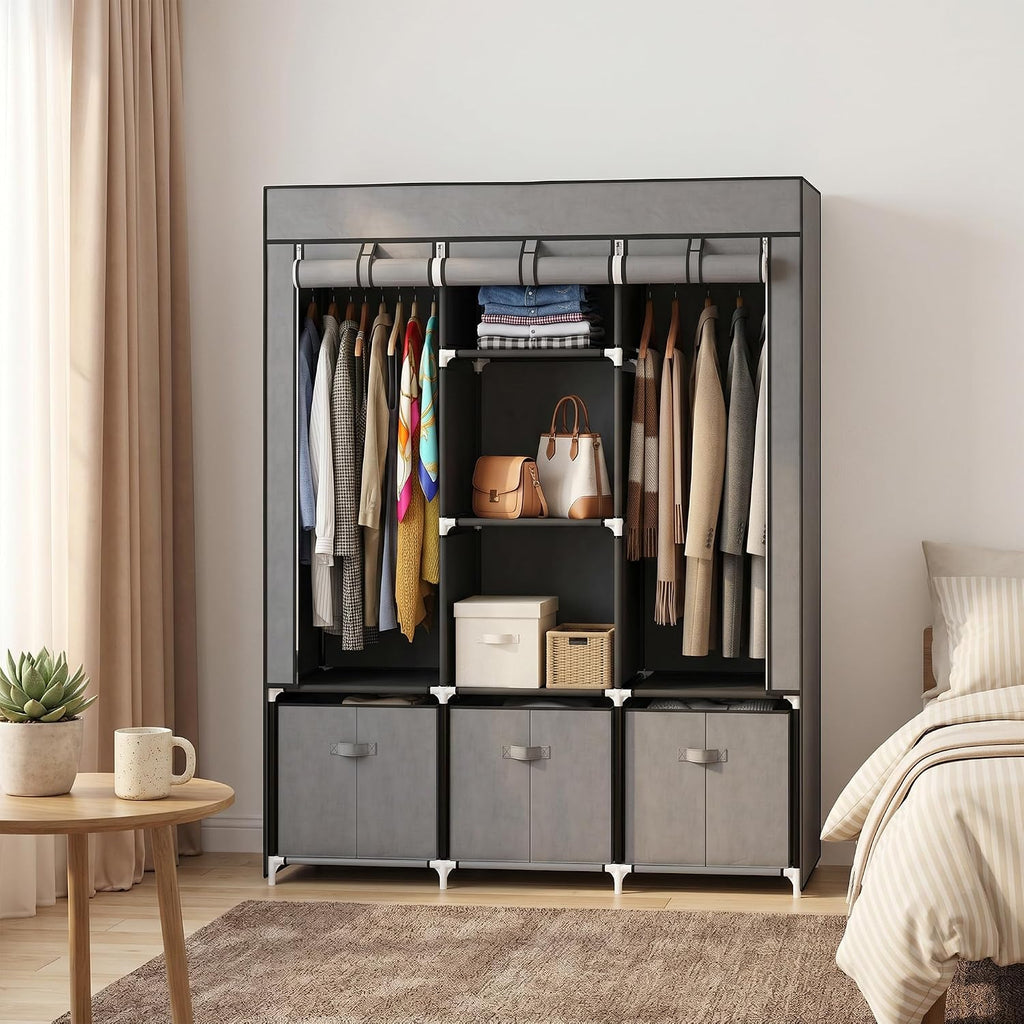 HOMCOM Fabric Wardrobe for Bedroom 5 Shelves 3 Fabric Drawers Dark Grey
