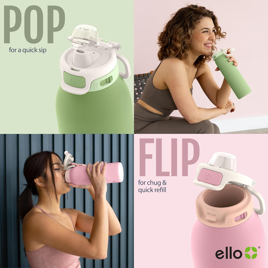 Ello Pop & Fill Insulated Stainless Steel Water Bottle with Quick Fill Lid, Leakproof Locking, Sip or Chug Spout, BPA-Free, Double Wall Vacuum Insulated for Sports, Travel & School- 22oz / 32oz / 40oz