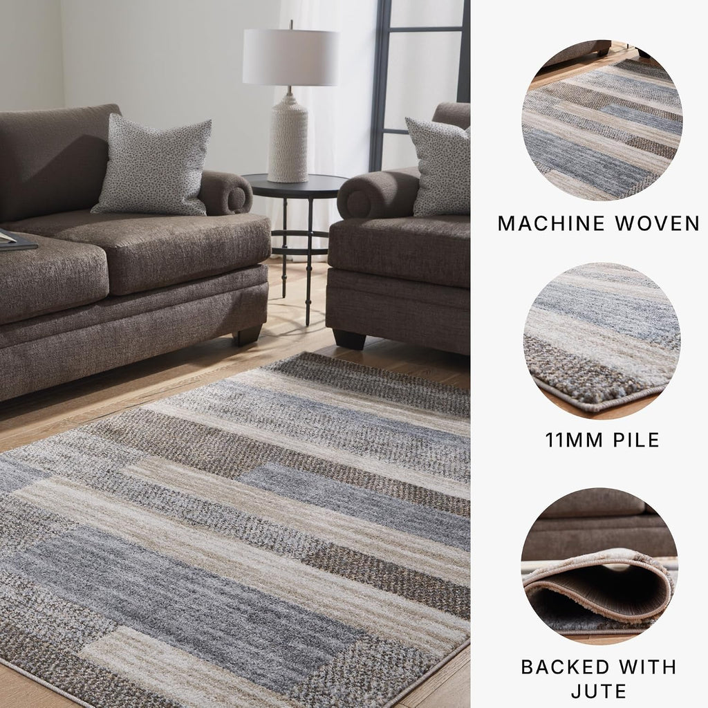 Signature Design by Ashley Sethburn Striped Area Rug 5x7, Cream/Gray | Machine-woven 100% polypropylene, Natural jute backing, Casual modern style, Indoor living spaces, Bedrooms