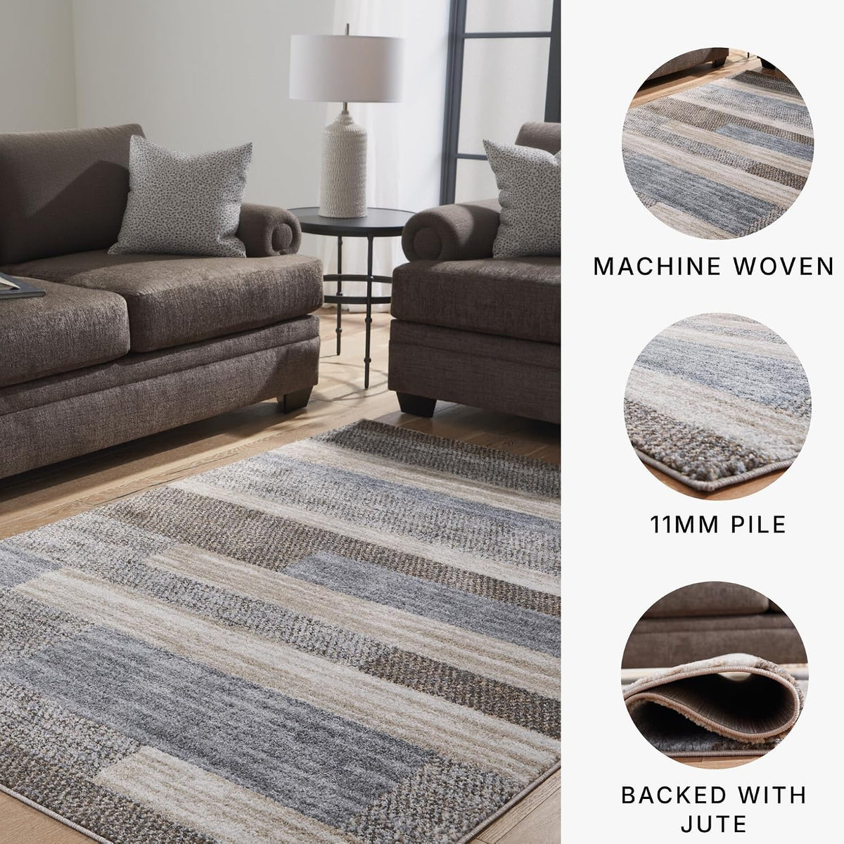 Signature Design by Ashley Sethburn Striped Area Rug 5x7, Cream/Gray | Machine-woven 100% polypropylene, Natural jute backing, Casual modern style, Indoor living spaces, Bedrooms