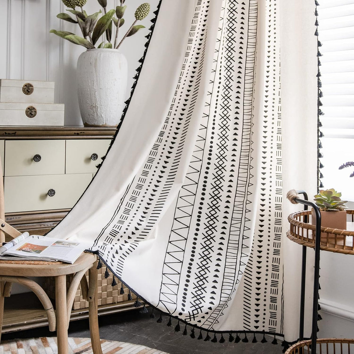 Sutuo Home Boho Curtain Crochet Lace Semi-Sheer Florals Hollow Knitted Handmade Tassels, Rod Pocket Window Treatment Vintage Rustic Farmhouse Drapes for Living Bedroom, 1 Panel 59" W x 84" L, Beige